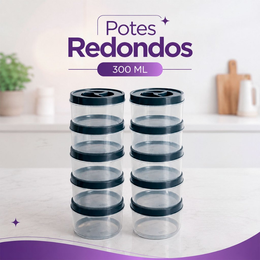 Jogo Potes Redondo 300ml Tampa com Rosca Transparente Bpa Free Tempero Doce Papinha