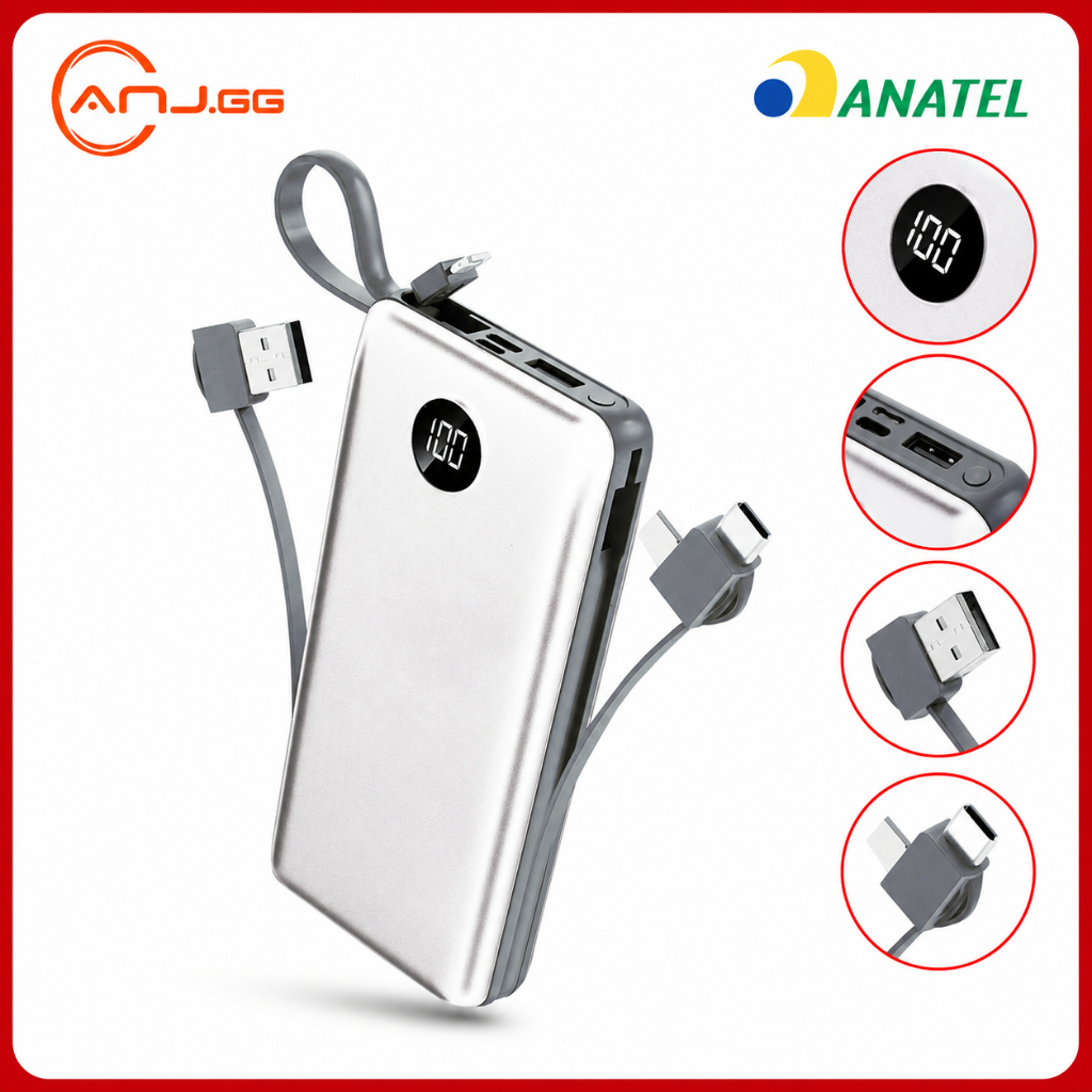 Power Bank Turbo 20000mAh 22.5W Carregador Portátil Premium Cabos Integrados