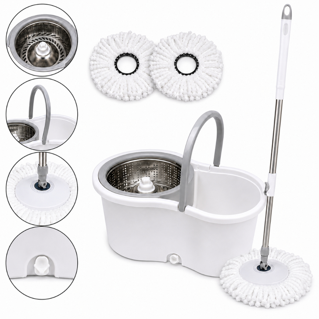Mop Giratório 2 Refis Microfibra Cesto Inox Balde Esfregão Limpeza