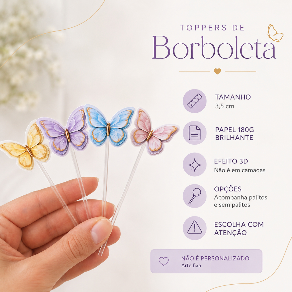 Kit 40 Toppers de Doce Jardim Encantado das Borboletas Lembrancinha Decoração de Festa Aniversario