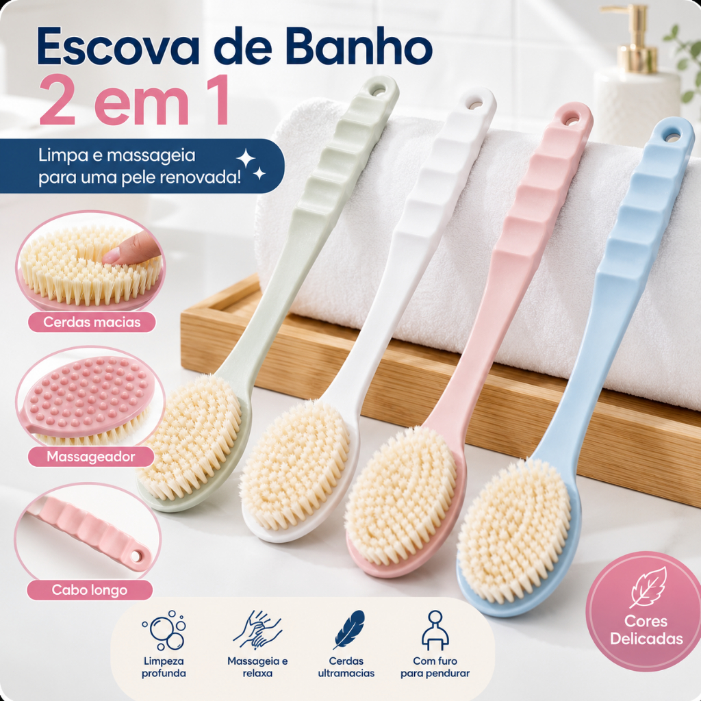Escova de Banho 2 em 1 Cabo Longo para Costas Cerdas Macias Massageadora Esfoliante Corporal