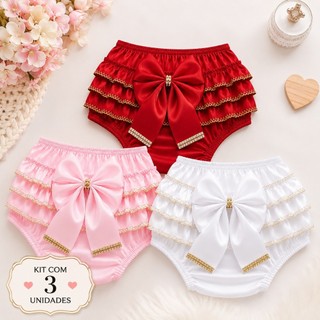 Kit 3 Tapa Fraldas Bebê Menina Luxo Babados Laço Strass Diversas Cores Festa Envio Imediato