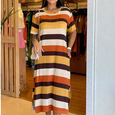 Vestido Midi Listrado Feminino Soltinho com Bolsos – Confortável, Elegante e Versátil