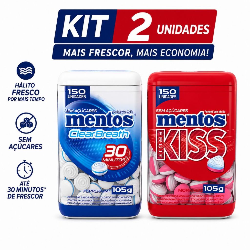 Kit 2 Pastilhas Mentos Kiss Sabor Peppermint e Morango Sem Açúcar 105g cada - Pote com 150 unidades