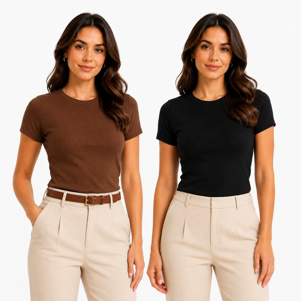Kit 2 Camisetas Femininas Caneladas Manga Curta Gola Redonda Básica Baby Look Casual Confortável