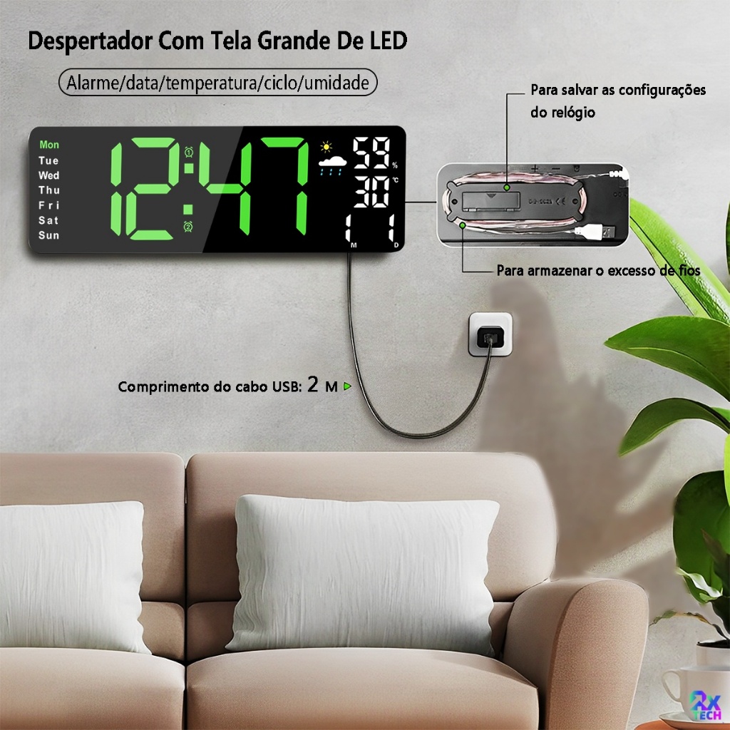Relógio De Parede Moderno Digital LED Tela Grande Com Alarme Umidade Temperatura
