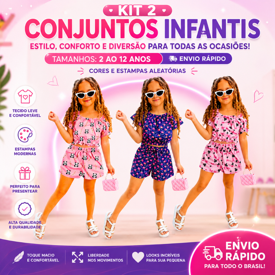 Kit 2 Conjuntos Infantil Ciganinha | Blusa Ombro a Ombro + Short | Moda Verão | 2 ao 12 Anos | Envio Rápido