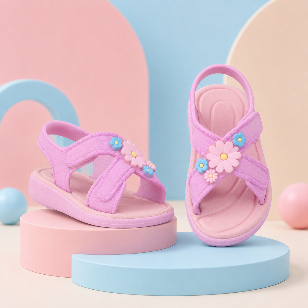 Sandália papete infantil bebê menina feminina flores anatômica macia confortável carrapicho antiderrapante