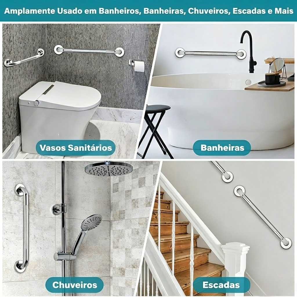 Kit 2 Barras de Apoio Inox Antiderrapante p/ Banheiro (40/60/80cm) - Acessibilidade segura para idosos — imagem 2 de 2