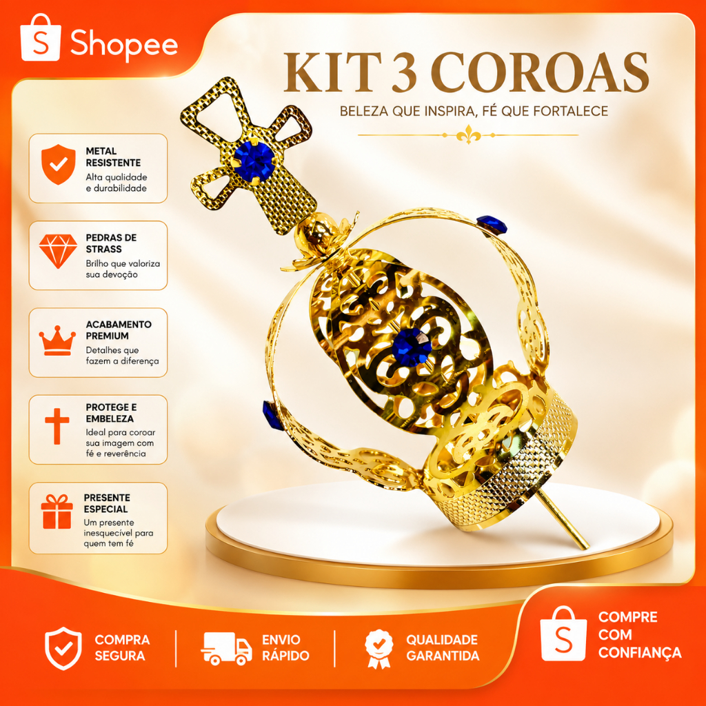 kit 3 Coroa De Nossa Senhora Dourada Folheada Metal Strass N4