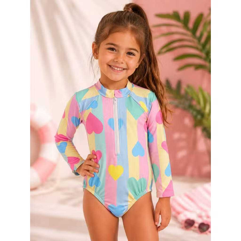 Maiô Infantil Feminino para Natação Manga Longa Com Ziper nas Costas com Proteção UV Praia