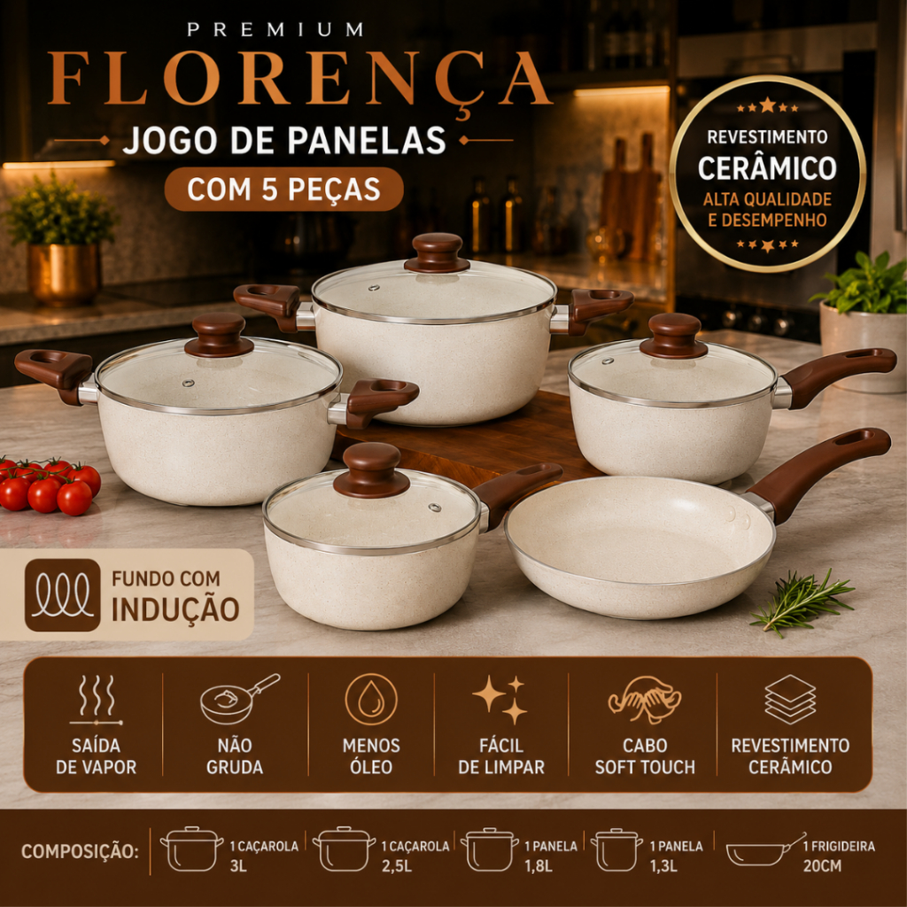 Conjunto 5 Panelas Florença Antiaderente Revestimento Cerâmico Soft Touch Indução
