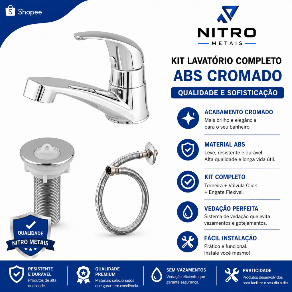 Kit Banheiro Lavatório Torneira ABS Cromada + Válvula Simples + Engate Flexível 40cm Completo
