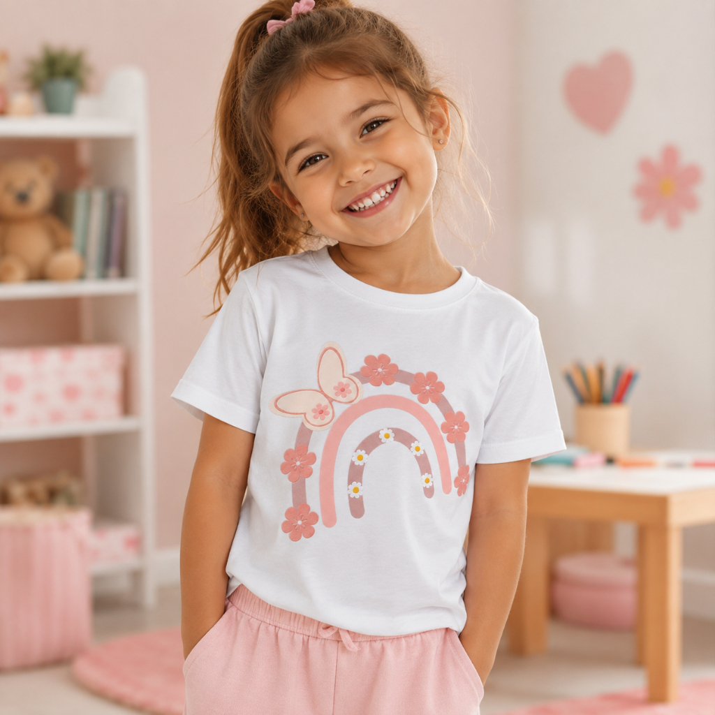 Camiseta Infantil Arco-Íris Floral 100% Algodão Manga Curta Feminina Casual