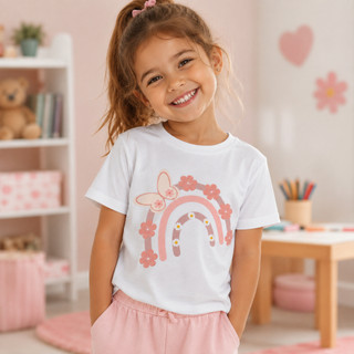 Camiseta Infantil Arco-Íris Floral 100% Algodão Manga Curta Feminina Casual