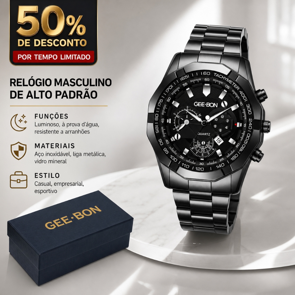 GEE·BON Masculino Aço Inoxidável – À Prova d'Água, Quartzo Automático, Elegante,Premium