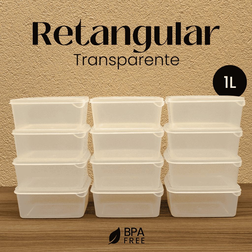 Kit Potes Plásticos para Marmita 1L Retangular Transparente BPA Free Micro-ondas Freezer Cozinha
