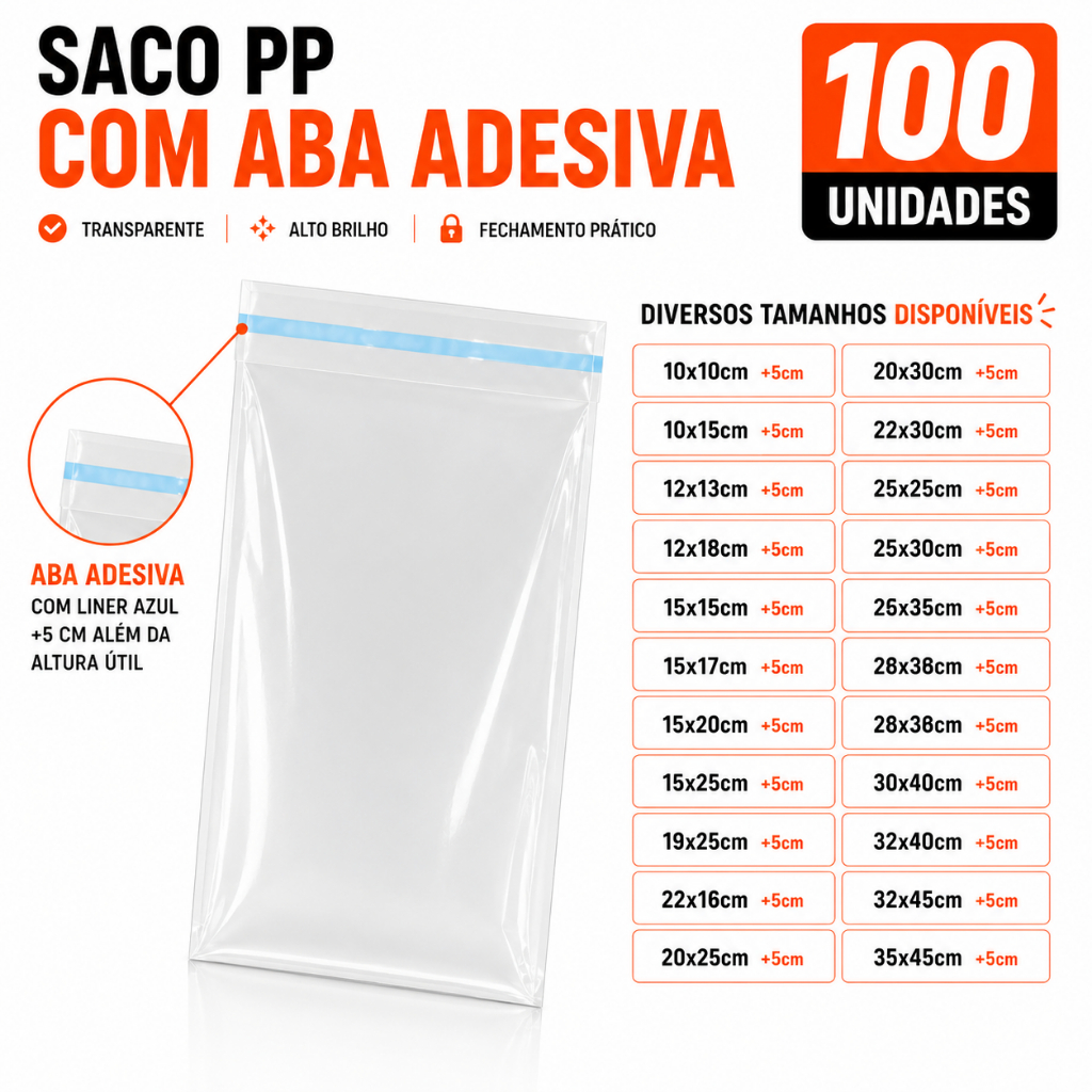 Kit 100un Saco Plástico Embalagem Transparente Saquinho Adesivado Com Aba Ideal Roupas Abre e Fecha