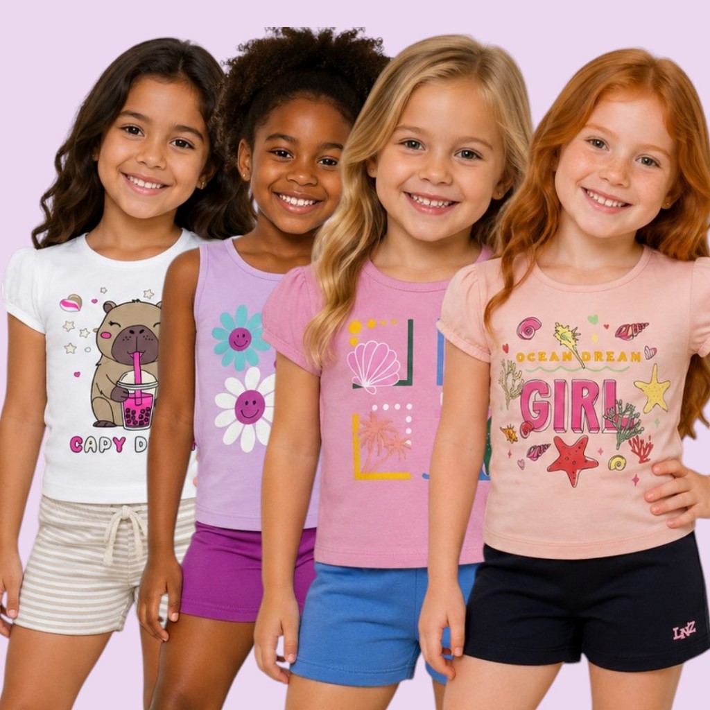 Kit 3 Conjunto Infantil Menina De Algodão Com Manga Curta E Estampa Sortida Para O Verão