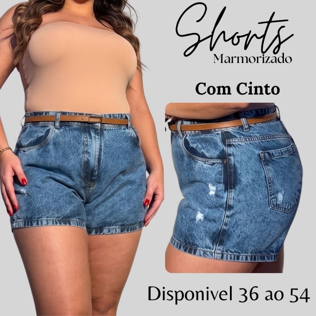 Short Plus Size Jeans Feminino Cintura Alta Com Cinto 100% Algodão