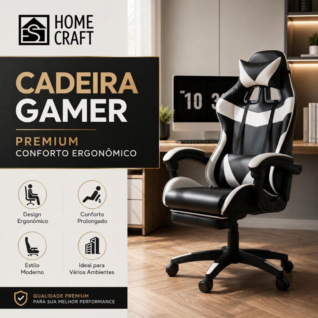 Cadeira Gamer Ergonômica Ajustável, Cadeira de Escritório Confortável com Rodas 360° e Suporte Lombar