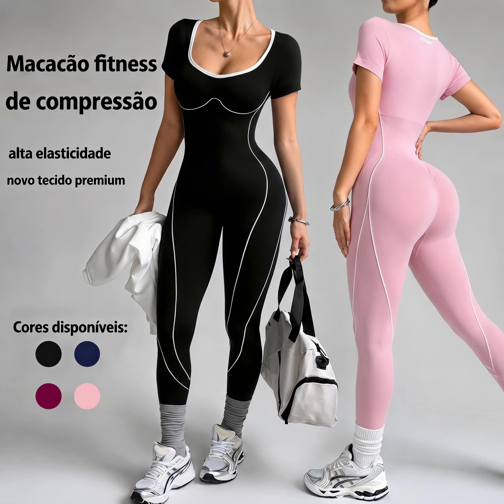 Aura Estilo Macacão Fitness Levanta Bumbum Manga Curta Compressão Alta Elasticidade 4 Cores