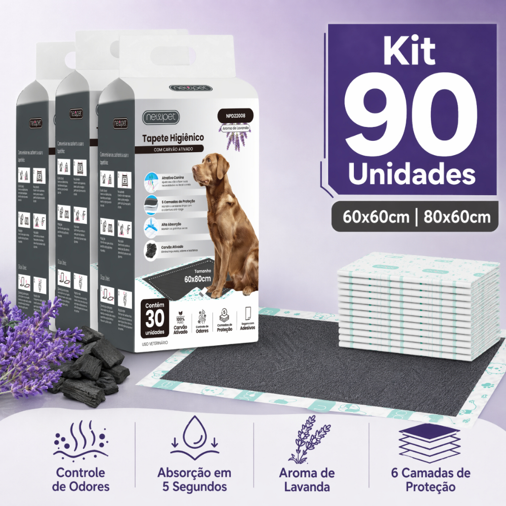 Newpet-90 Unidades Tapete Higiênico para Cães 60x60cm 80x60cm Aroma de Lavanda Carvão Ativado Super Absorvente