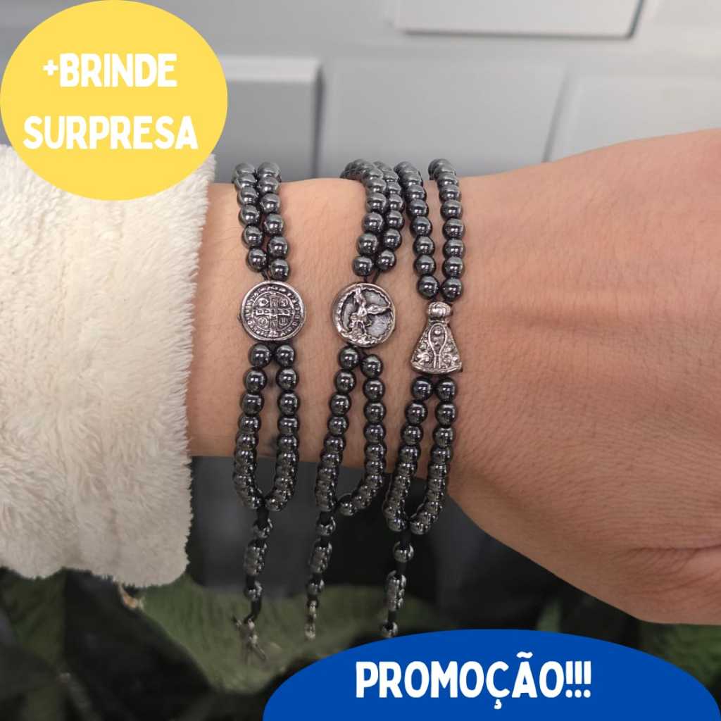 TERÇO PULSEIRA DE HEMATITA  SÃO BENTO/NOSSA SENHORA APARECIDA/SÃO MIGUEL