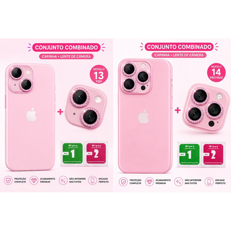 Kit Capinha iphone Silicone Aveludada + Lente Película de Câmera Diamante premium para iPhone 11 12 13 14 15 16 Pro Max