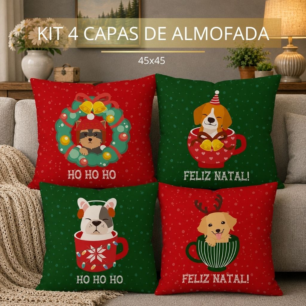 NATAL! Kit com 4 Capas para Almofadas Decorativas Natal Pets Cachorros