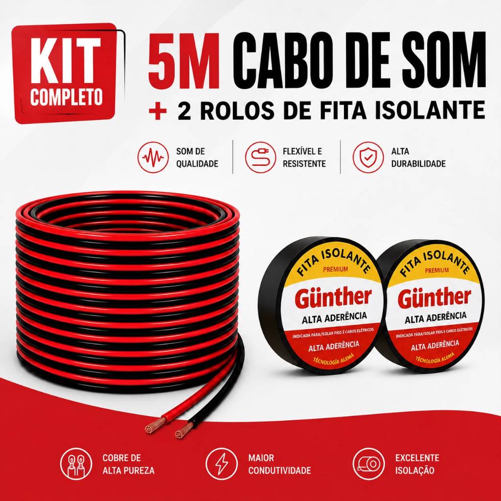 Kit Cabo Som Automotivo Bicolor Flexível 5mts + 2 Fitas Isolantes Pretas
