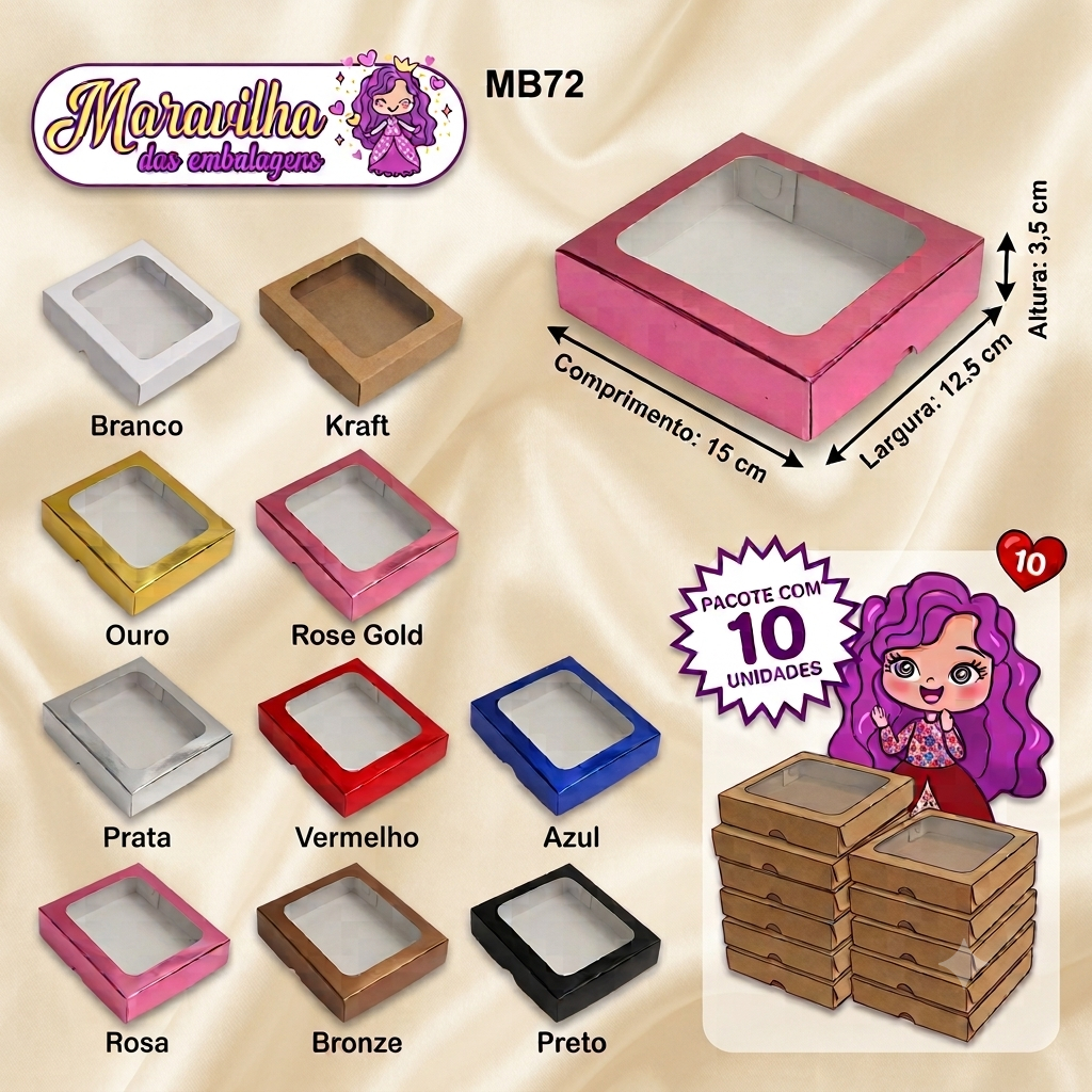 Embalagem MB72 em papel Branco/Kraft e Colorido - 15x12,5x3,5 cm - Pacote com 10 unidades