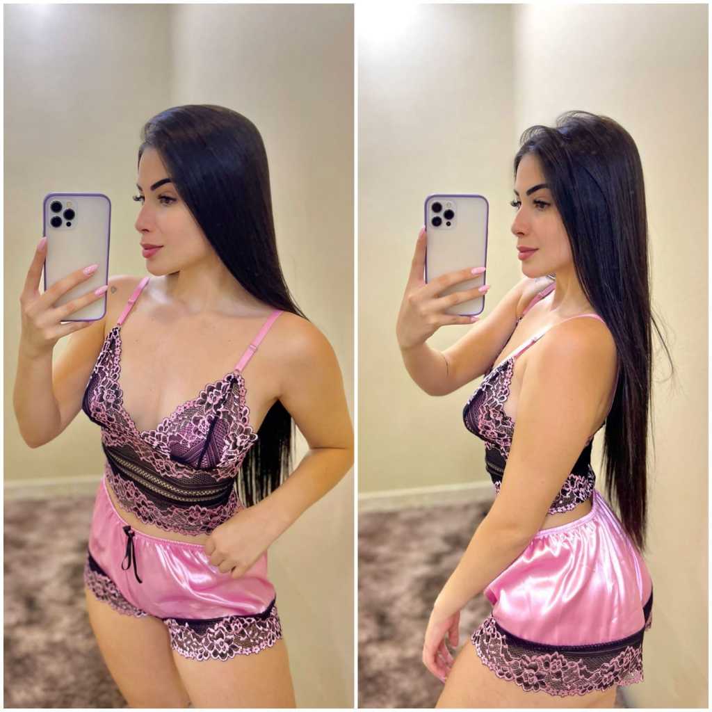 Baby Doll de Cetim Luxo Feminino - Pijama Curto com Alças Ajustáveis e Renda