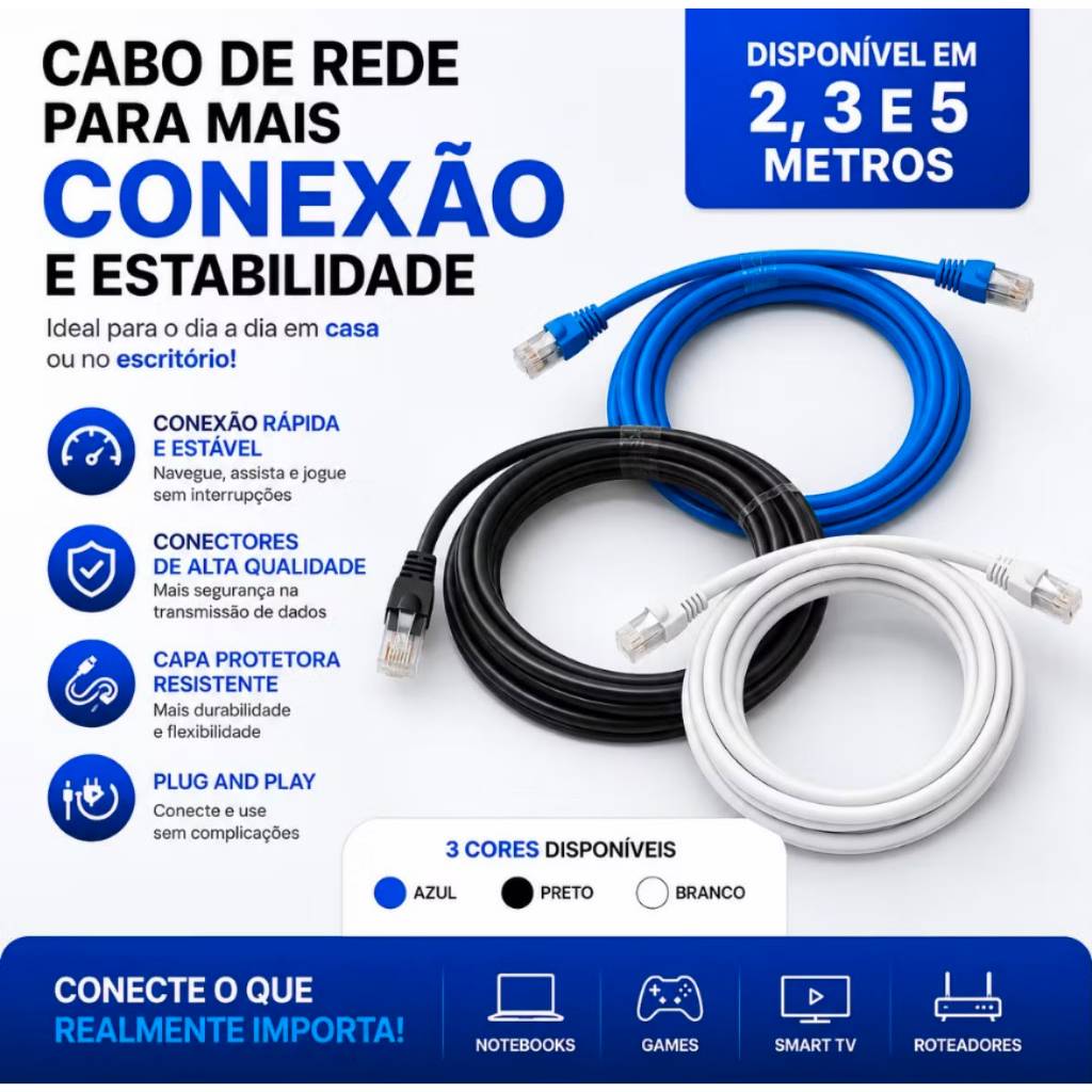 Cabo De Rede Internet RJ45 Patch Cord 2, 3 e 5 metros Para Roteador PC Smart TV Notebook
