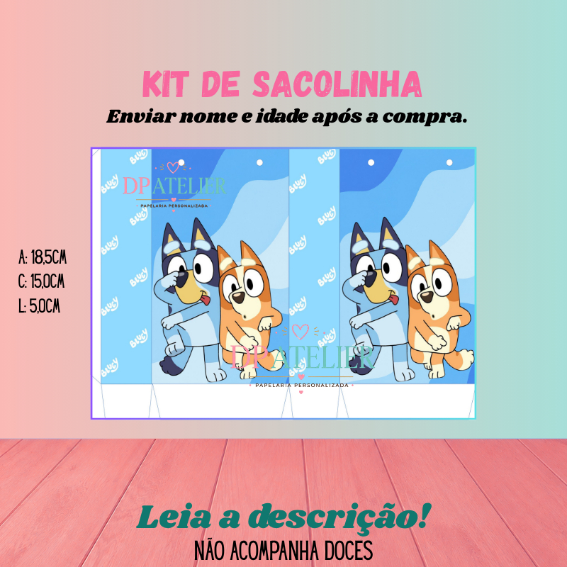 Sacolinha Personalizada Festa Infantil | Sacola Surpresa Lembrancinha | Nome e Idade -Tema: Bluey e Bingo Azul