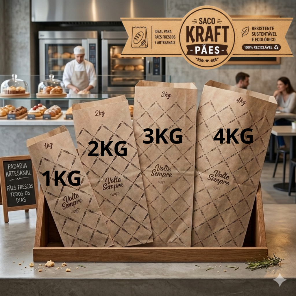 SACO PÃO KRAFT MIX PASTEL PADARIA LANCHE PÃES SALGADO ESTAMPADO VOLTE SEMPRE PARDO 1KG 2KG 3KG 4KG 500 UNIDADES