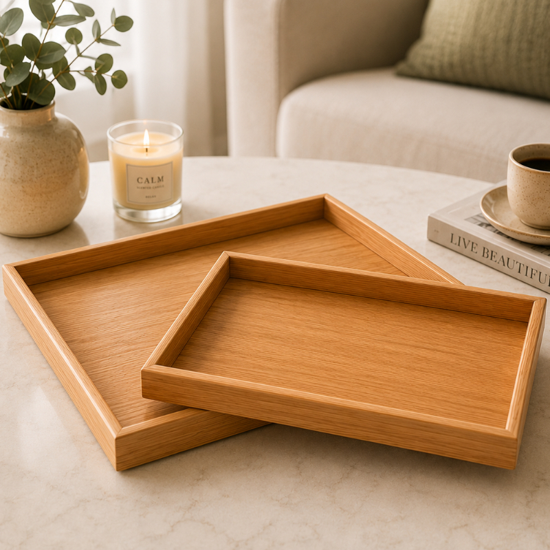 Kit 2 Bandejas MDF Madeira Decorativa Café Chá Decoração Organizador Lavabo Mesa Posta