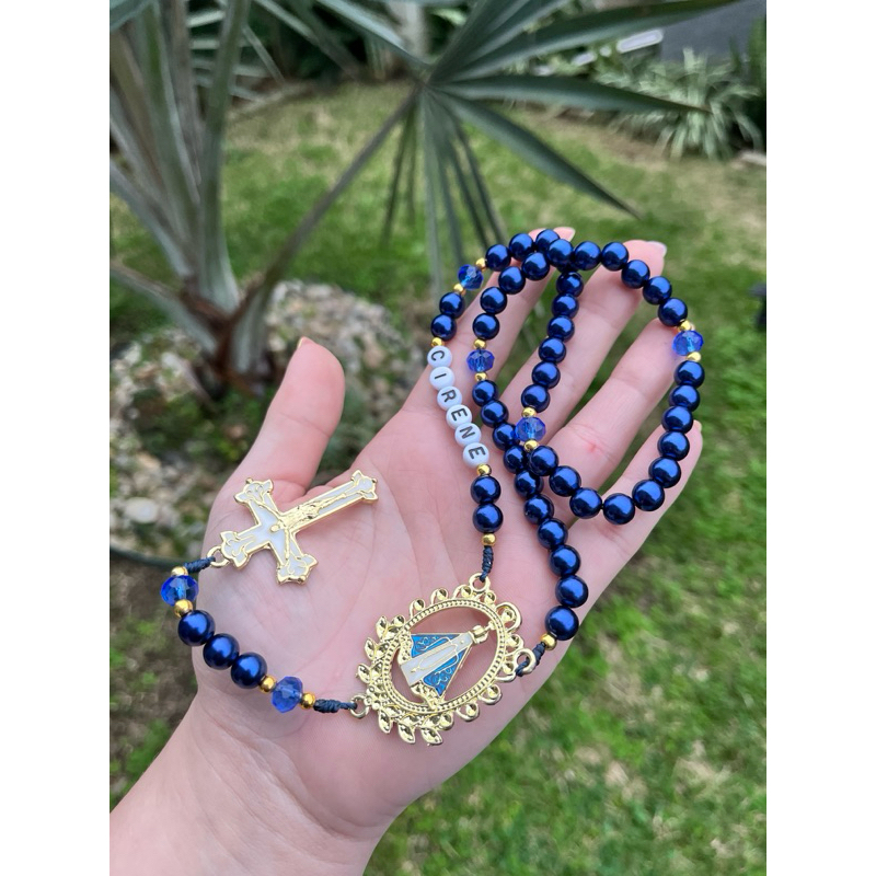 Terço Católico Azul Personalizado | Nossa Senhora Aparecida | Santo à Escolha | Artesanal