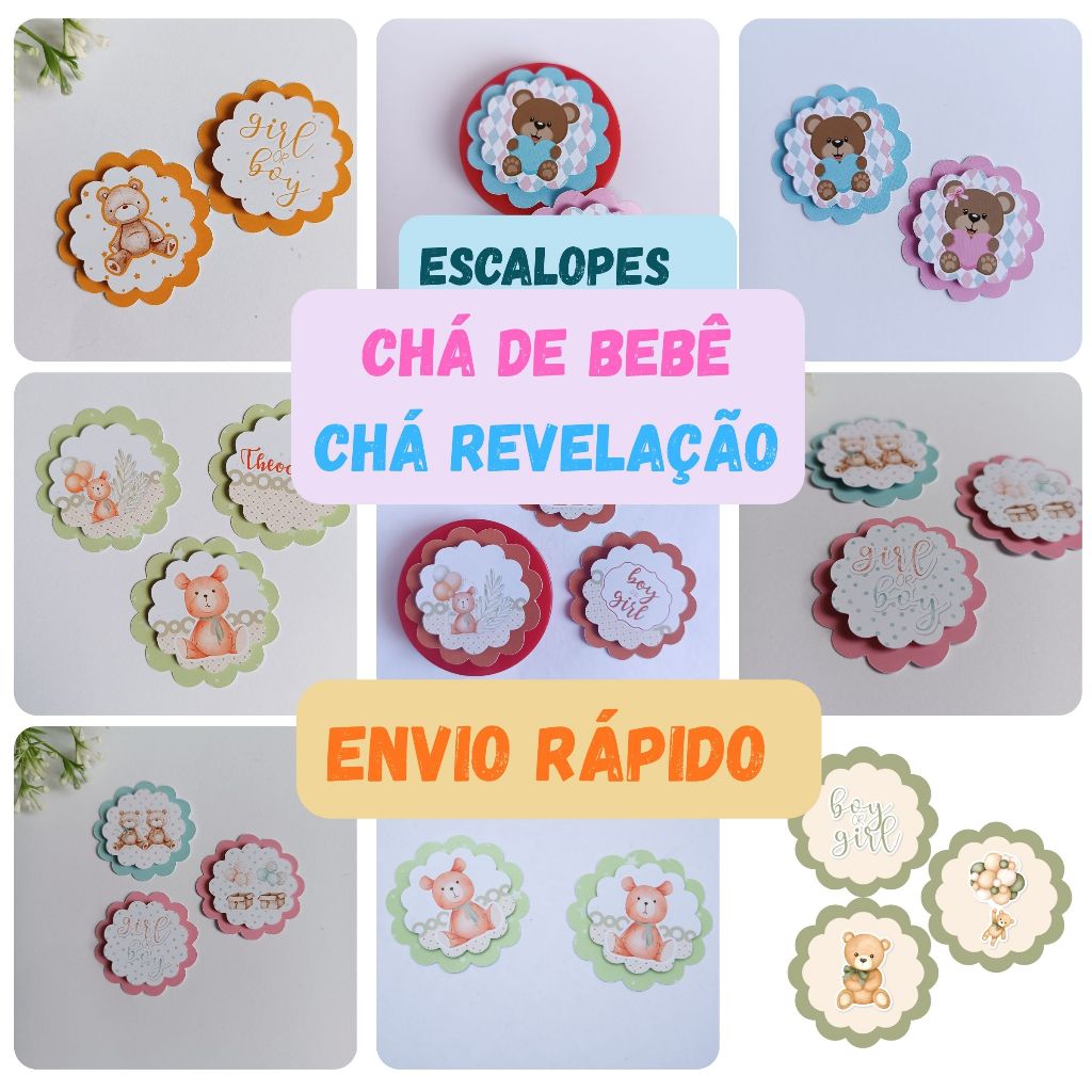 Apliques Escalope CHÁ REVELAÇÃO CHÁ DE BEBÊ (Envio Rápido) - Tag Lembrancinha Personalizada Urso Ursinho Azul Rosa Verde