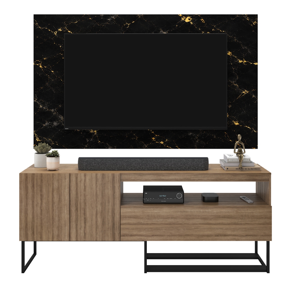 Rack Home Theater com Painel 150cm TV 40 a 55 Polegadas Mármore Preto com Veios Dourados Lâmina Madeira Sala Moderna
