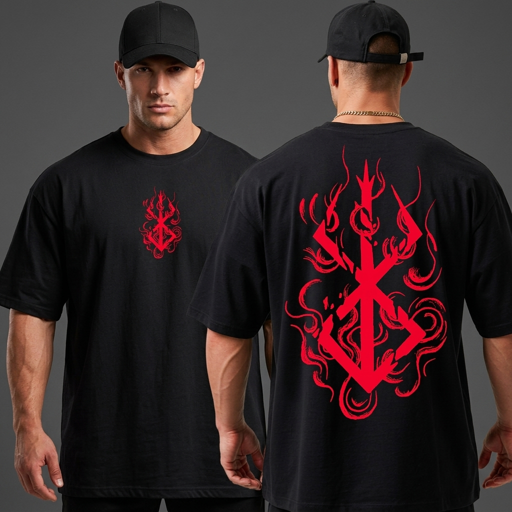 Camiseta Oversized Berserk Anime Sacrifício Simbol Grande Algodão Streetwear Academia Treino Maromba