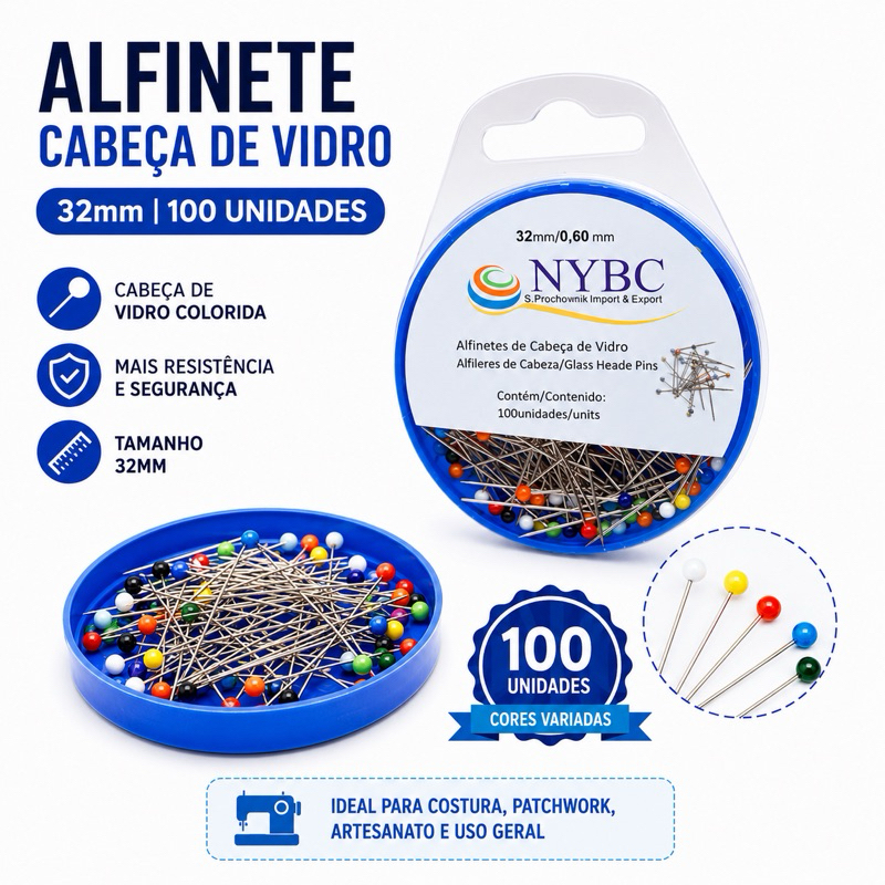 Alfinete cabeça de vidro kit com 100 unidades