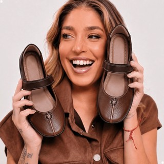 Sapatilha Feminina Couro Legítimo Leve Macio Caramelo Velcro - LOLLA 33