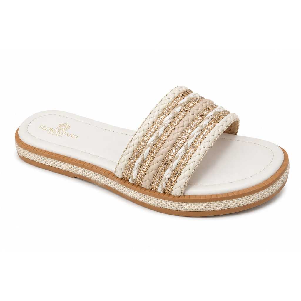 Sandália Slide Feminino Chic com Tiras Trançadas e Brilho | Sandália Confortável e Estilosa