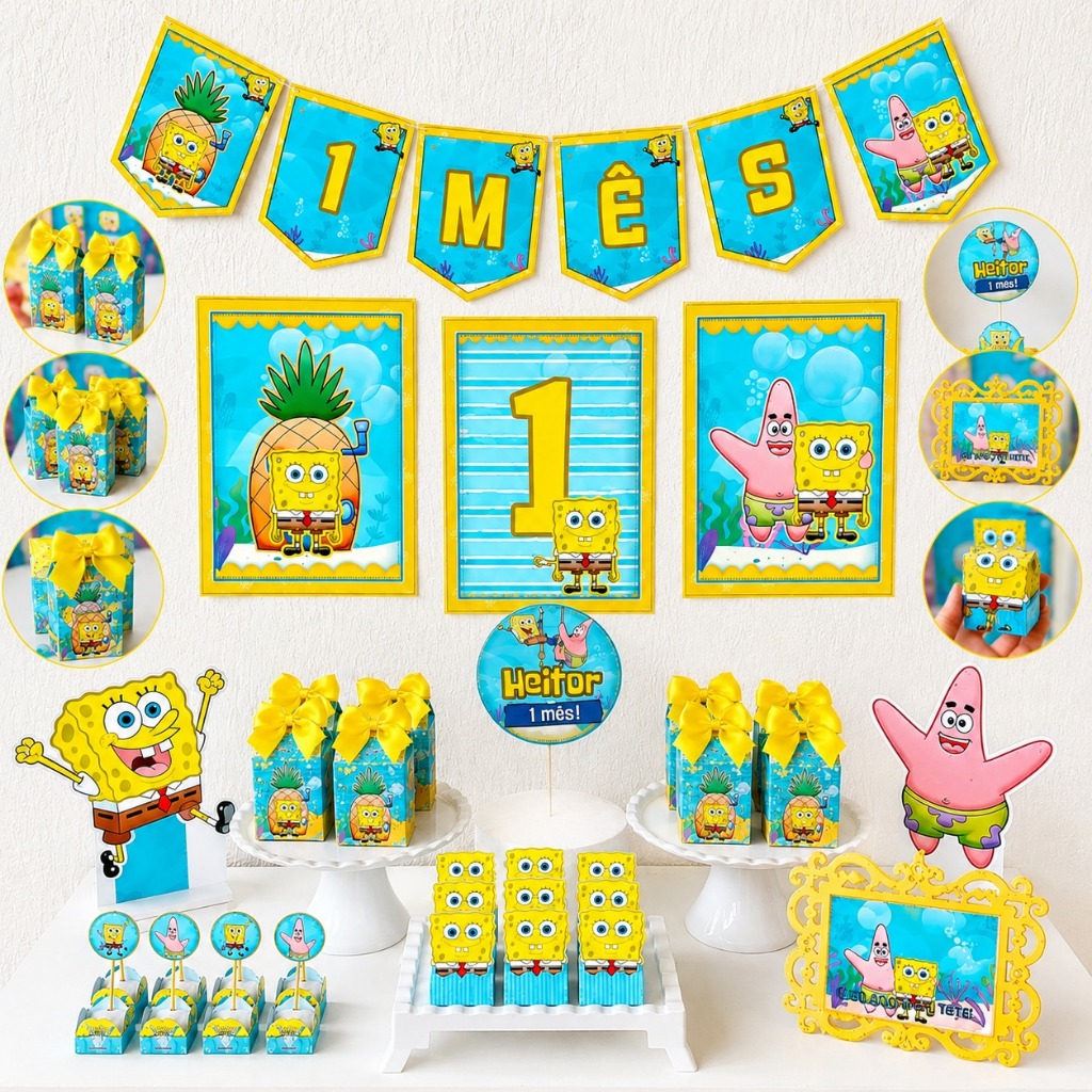 Kit Festa Bob Esponja Personalizado Só um Bolinho  Mesversário Aniversário Lembrancinha Festa