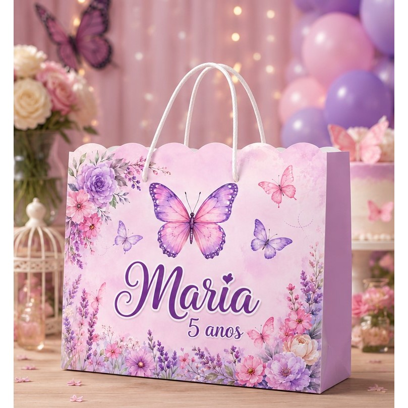 Sacolinhas Personalizadas Jardim Borboletas Lilás, Rosa, festas, aniversário e Coleção de várias cores e idades.