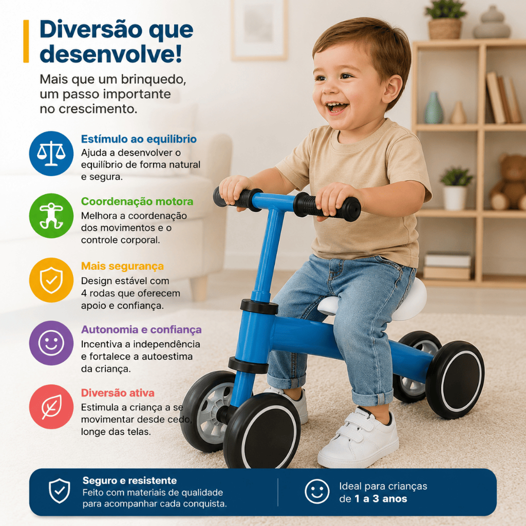 Bicicleta de Equilíbrio Infantil Azul Sem Pedal Treinamento Coordenação Motora Desenvolvimento Kids