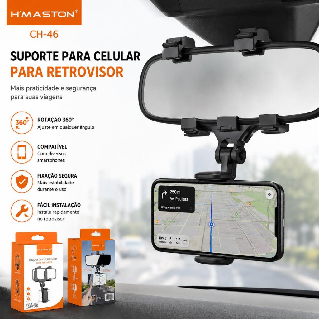 Suporte Celular para Retrovisor H’Maston CH-46 Universal Ajustável 360° para GPS Navegação e Smartphone no Carro