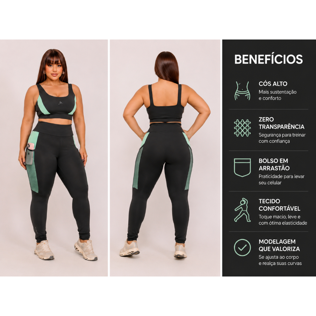 Conjunto Feminino Academia Fitness Legging Cós Alto Top Suplex Alta Gramatura Zero Transparência Compressão