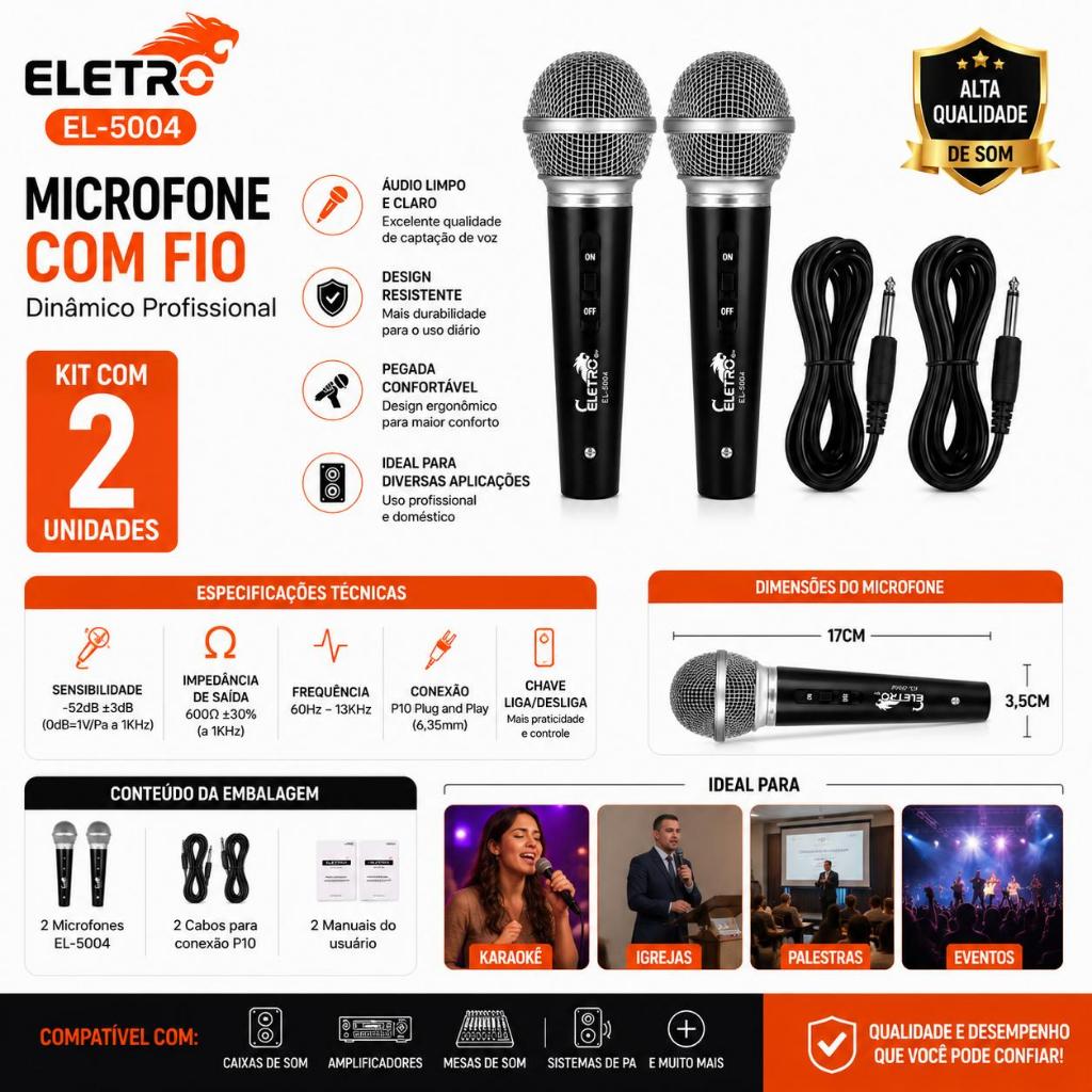 Kit 2 Microfones Com Fio P10 Dinâmicos Profissionais Karaokê Igrejas Eventos Palestras Mesa De Som EL-5004 top